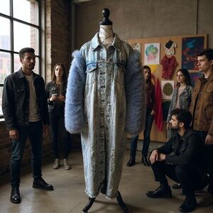 Denim Coat with Blue Genuine Fox Fur Sleeves